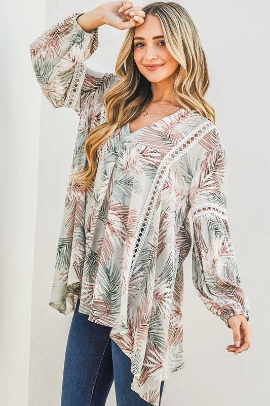 Sage Green Printed with Lace Trim Casual Tunic Top - Tigbul's Variety Fashion Shop