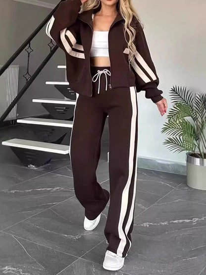 Full Size Contrast Stripe Zip Up Jacket and Pants Set Plus Size - Tigbul's Variety Fashion Shop