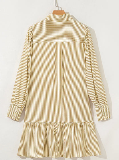 Stripe Collared Neck Cuffed Long Sleeve Drop Waist Mini Dress - Tigbul's Variety Fashion Shop