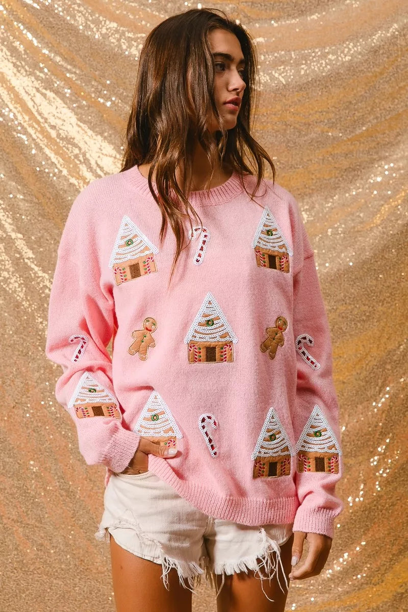 Light Pink Christmas Theme Patches Sweater | Tigbuls