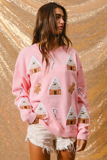 Light Pink Christmas Theme Patches Sweater | Tigbuls