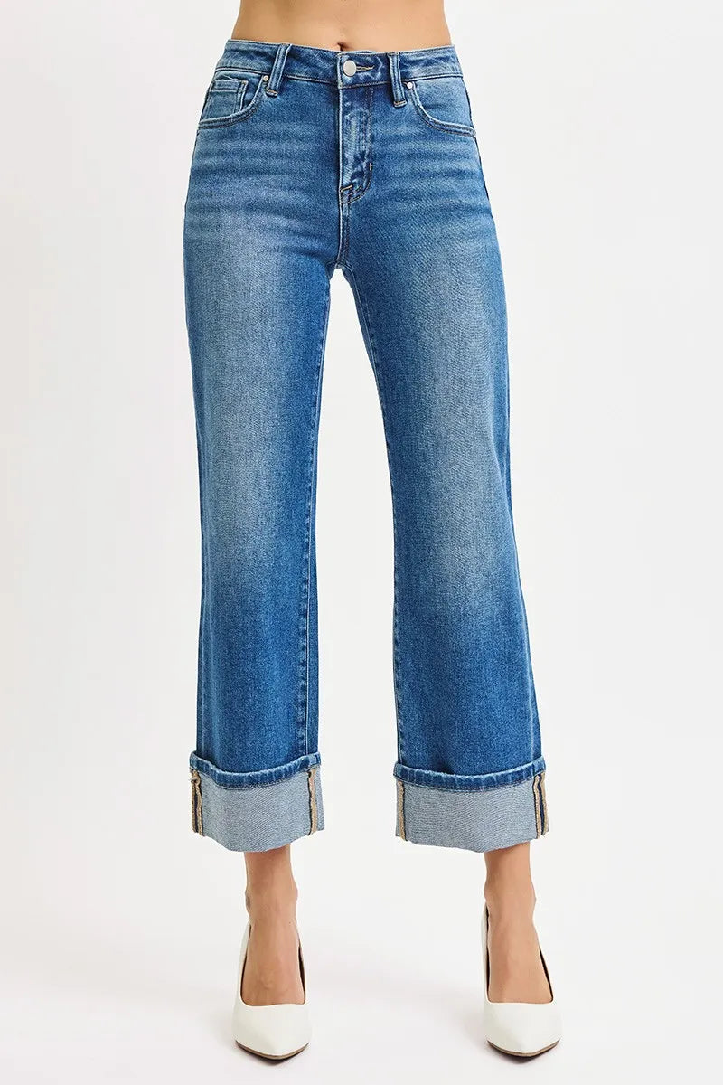 RISEN Mid Rise Crop Straight Cuffed Jeans - Tigbul's Variety Fashion Shop