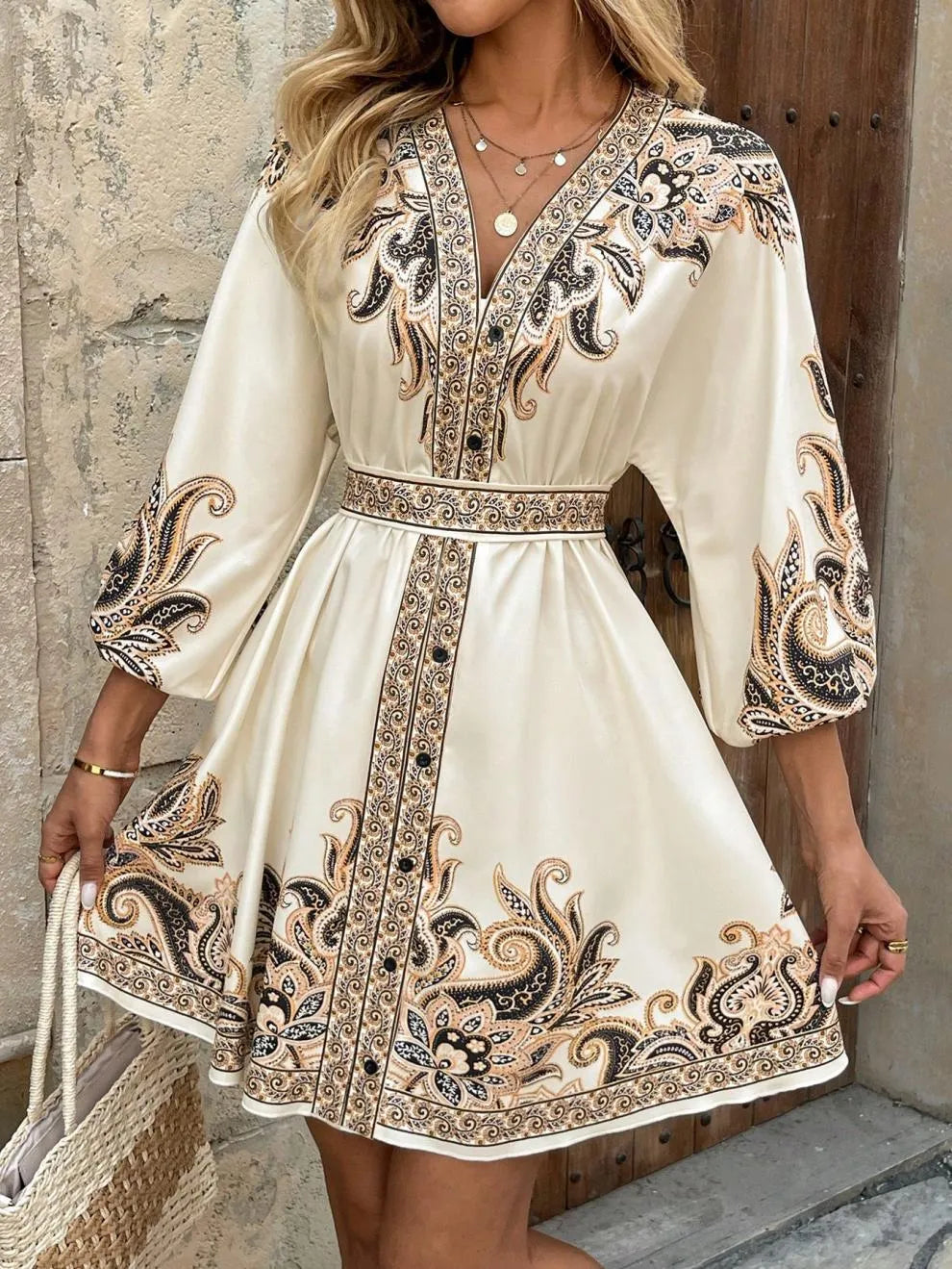 Paisley V-Neck 3/4 Sleeve Mini Dress - Tigbul's Variety Fashion Shop