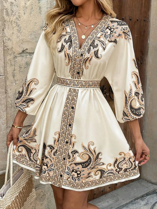 Paisley V-Neck 3/4 Sleeve Mini Dress - Tigbul's Variety Fashion Shop