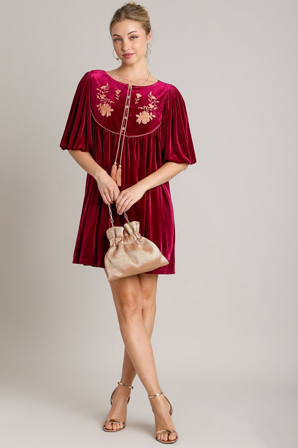 Umgee Embroidered Half Sleeve Velvet Mini Dress with Tassel - Tigbul's Variety Fashion Shop