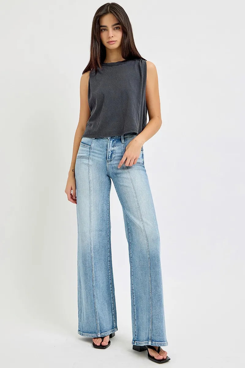 RISEN Full Size Mid Rise Wide Jeans with Front Patch Pocket Plus Size - Tigbul's Variety Fashion Shop