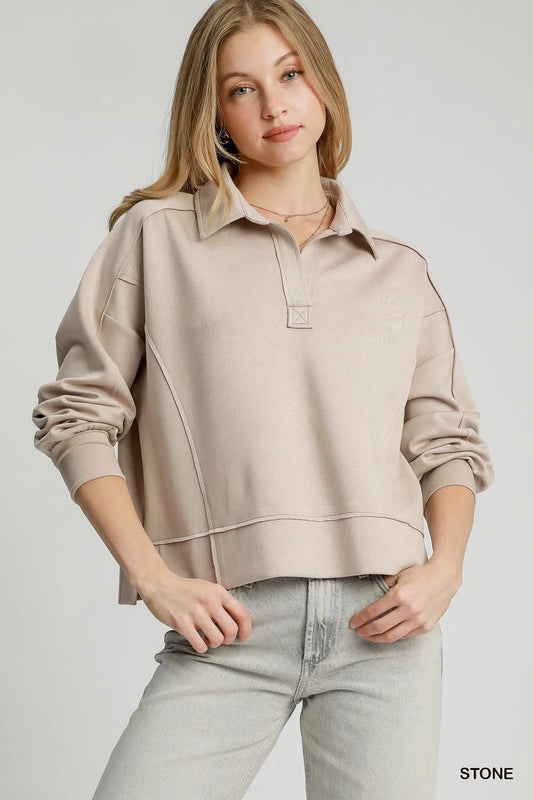 Umgee Exposed Seam Long Sleeve Polo Top with Side Slit - Tigbul's Variety Fashion Shop