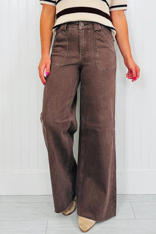 Dark brown washed patch loose jeans with front pockets and belt loops
