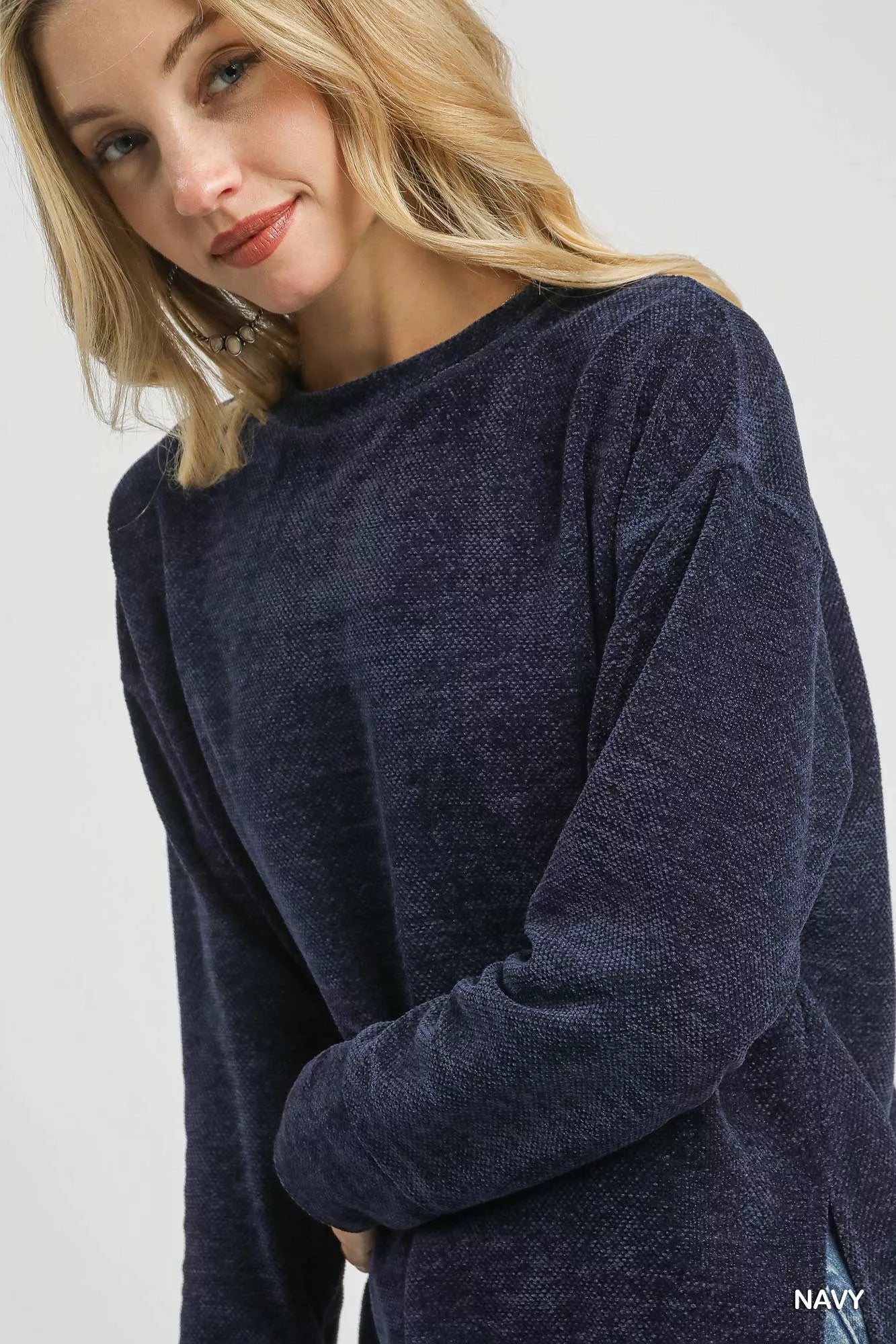 Umgee Round Neck Long Sleeve Side Slit Top - Tigbul's Variety Fashion Shop