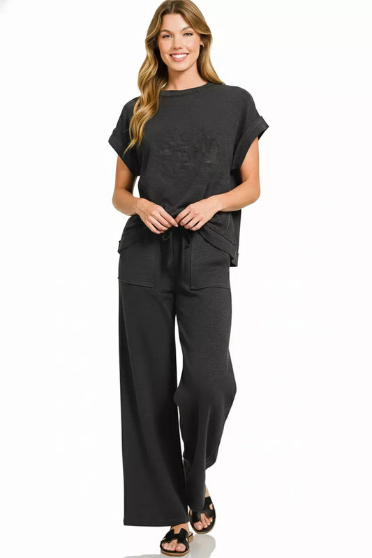 Black Cotton Slub Short Sleeve Tee and Pants Set - Tigbul's Variety Fashion Shop