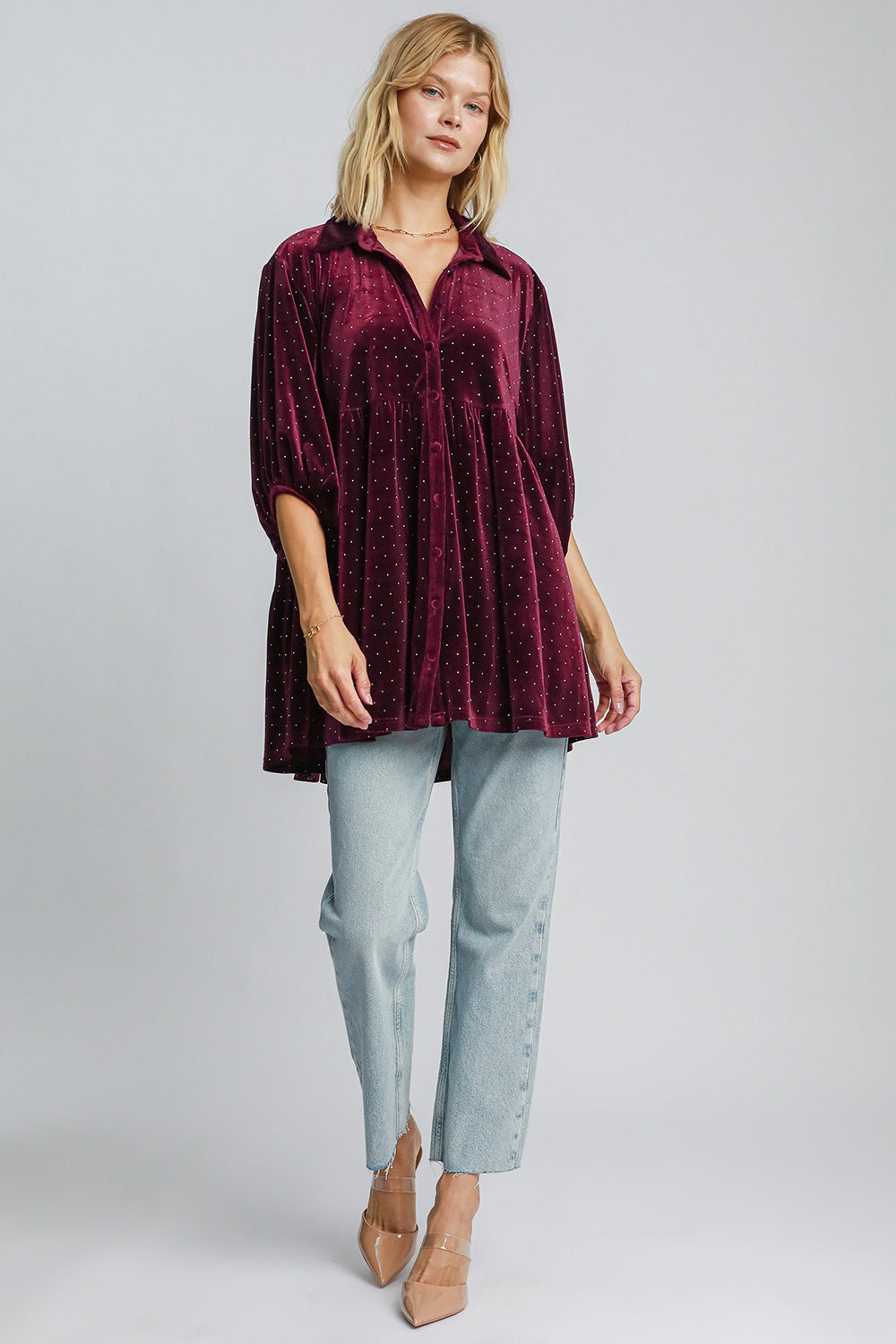 Burgundy Polka Dot Button Up Half Sleeve Shirt - Tigbul's Variety Fashion Shop