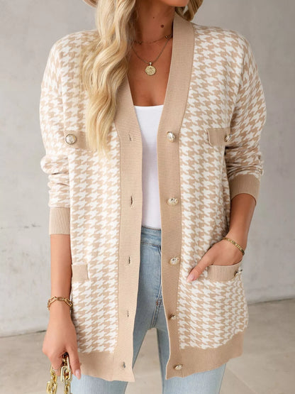 Contrast Edge Metal Button Slim Cardigan with Pockets - Tigbul's Variety Fashion Shop