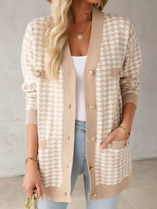 Contrast Edge Metal Button Slim Cardigan with Pockets - Tigbul's Variety Fashion Shop