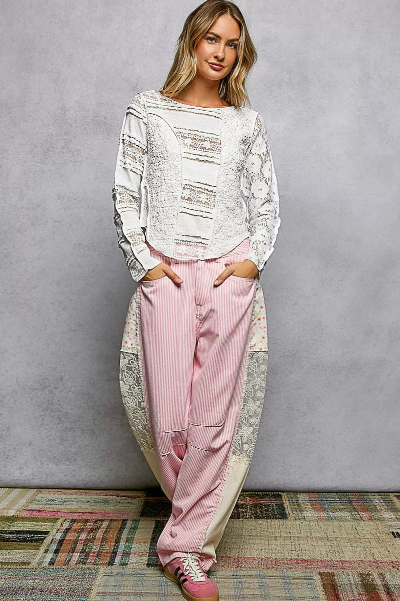 POL Round Neck Long Sleeve Exposed Seam Top with Lace Detail - Tigbul's Variety Fashion Shop