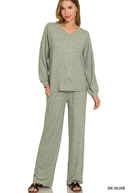 Zenana Soft Melange Long Sleeve Tee & Pants Set - Tigbul's Variety Fashion Shop