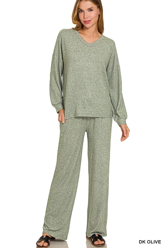 Zenana Soft Melange Long Sleeve Tee & Pants Set - Tigbul's Variety Fashion Shop