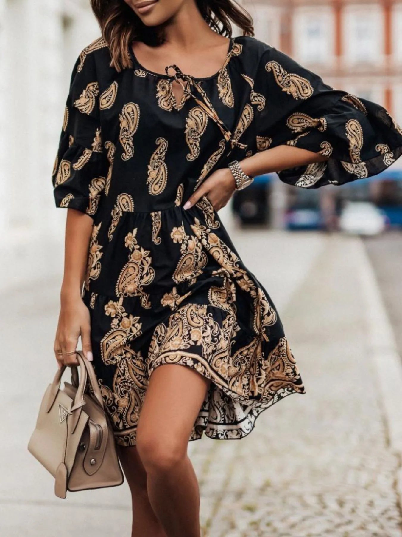 Paisley Print Tie Neck Half Sleeve Mini Dress - Tigbul's Variety Fashion Shop