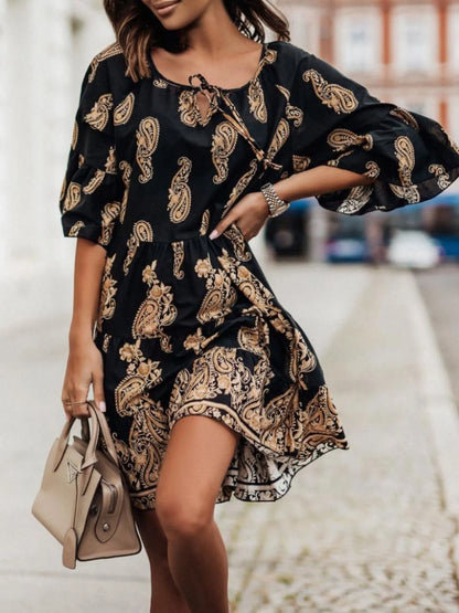 Paisley Print Tie Neck Half Sleeve Mini Dress - Tigbul's Variety Fashion Shop
