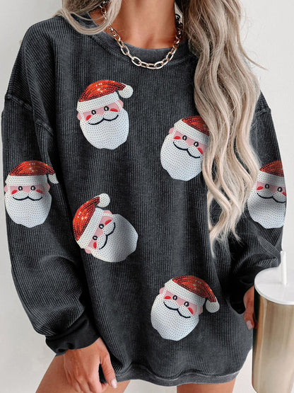 Sequin Santa Patch Ribbed Sweatshirt - Tigbul's Variety Fashion Shop