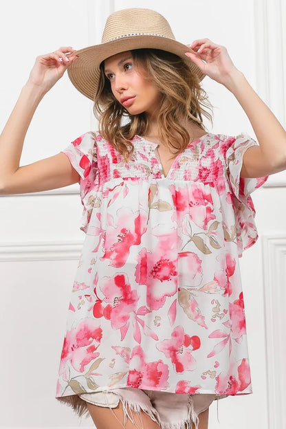 BiBi Floral Print Flutter Sheer Top - Tigbul's Variety Fashion Shop