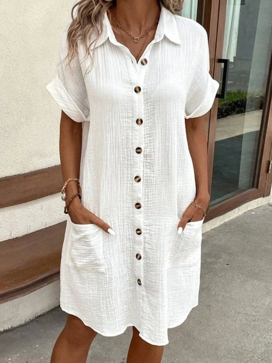 Casual Button Down Cotton Shirt Dress with Pockets - Tigbul's Variety Fashion Shop
