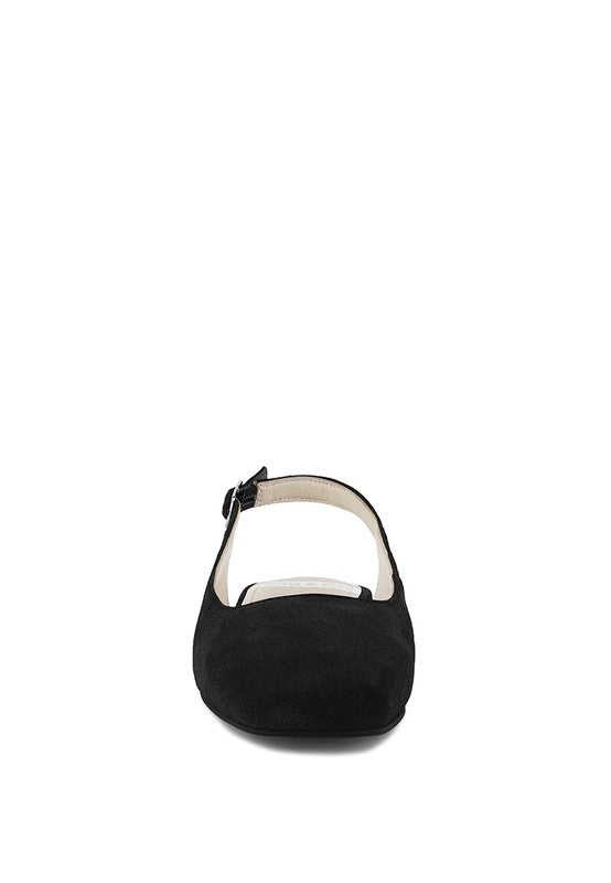 Black suede slingback flats, rear view with adjustable buckle strap