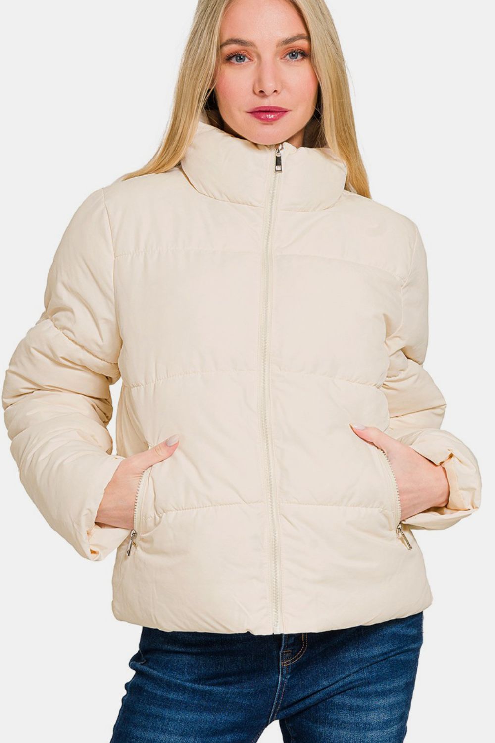 Cream Zip Up Turtleneck Puffer Jacket with Pockets - Tigbul's Variety Fashion Shop