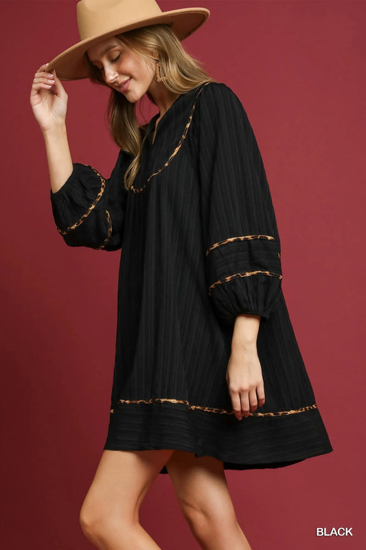 Umgee Full Size Textured Babydoll Dress with Leopard Trim Plus Size - Tigbul's Variety Fashion Shop