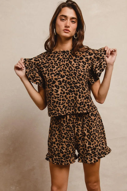 BiBi Leopard Print Waffle Texture Layered Ruffle Sleeve Top and Shorts Set - Tigbul's Variety Fashion Shop