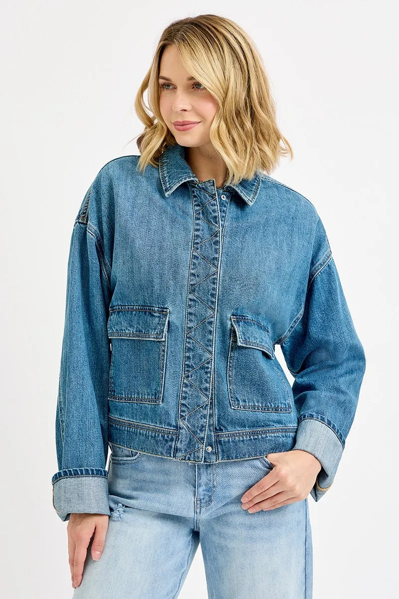 RISEN Oversized Cargo Pocket Denim Jacket with Cuffed Sleeves - Tigbul's Variety Fashion Shop
