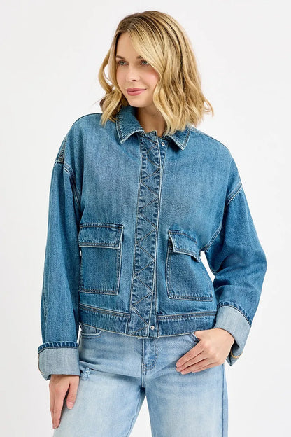 RISEN Oversized Cargo Pocket Denim Jacket with Cuffed Sleeves - Tigbul's Variety Fashion Shop