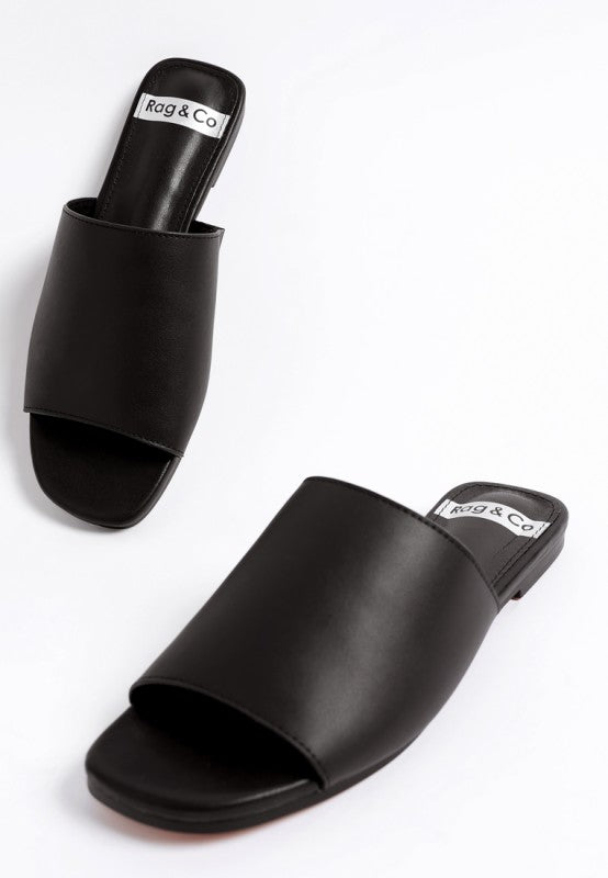 Rag & Co black leather slip-on flats with open square toe