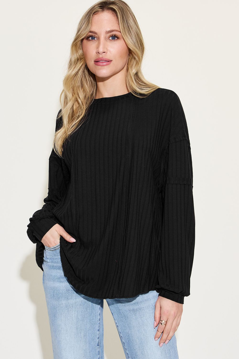 Ribbed Round Neck Long Sleeve Exposed Seam T-Shirt - Tigbuls Variety Fashion