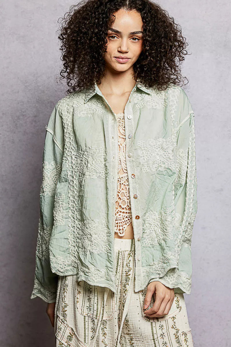 POL Embroidery Button Down Long Sleeve Shirt - Tigbul's Variety Fashion Shop