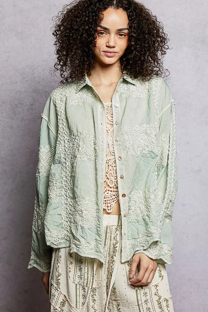 POL Embroidery Button Down Long Sleeve Shirt - Tigbul's Variety Fashion Shop
