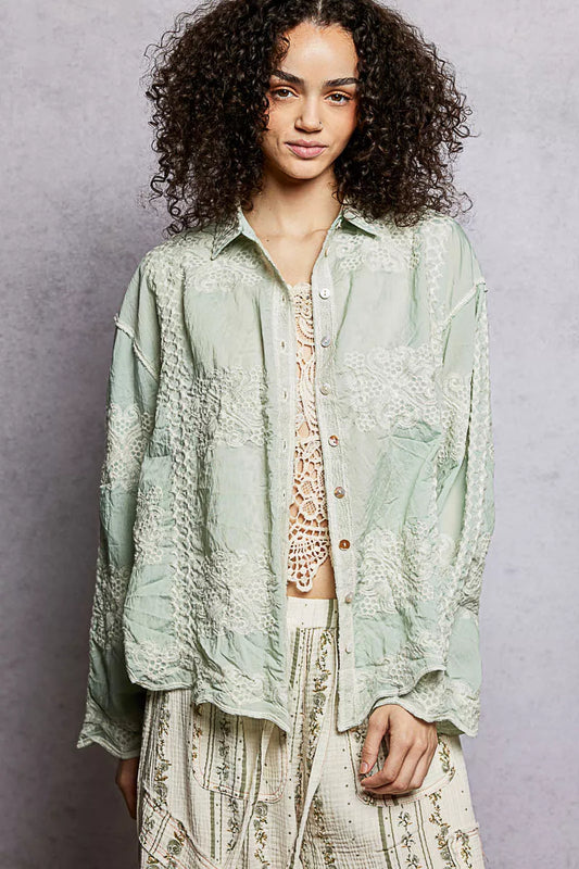 POL Embroidery Button Down Long Sleeve Shirt - Tigbul's Variety Fashion Shop