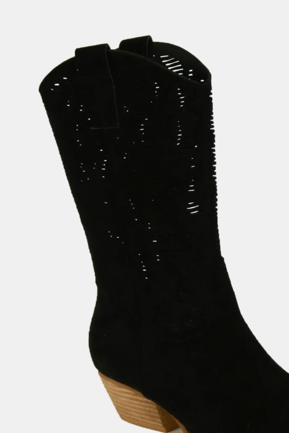 Black Faux Suede Laser Cut Detail Block Heel Boots - Tigbul's Variety Fashion Shop