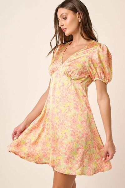 Tellow Combo Printed V-Neck Puff Sleeve Mini Dress - Tigbul's Variety Fashion Shop