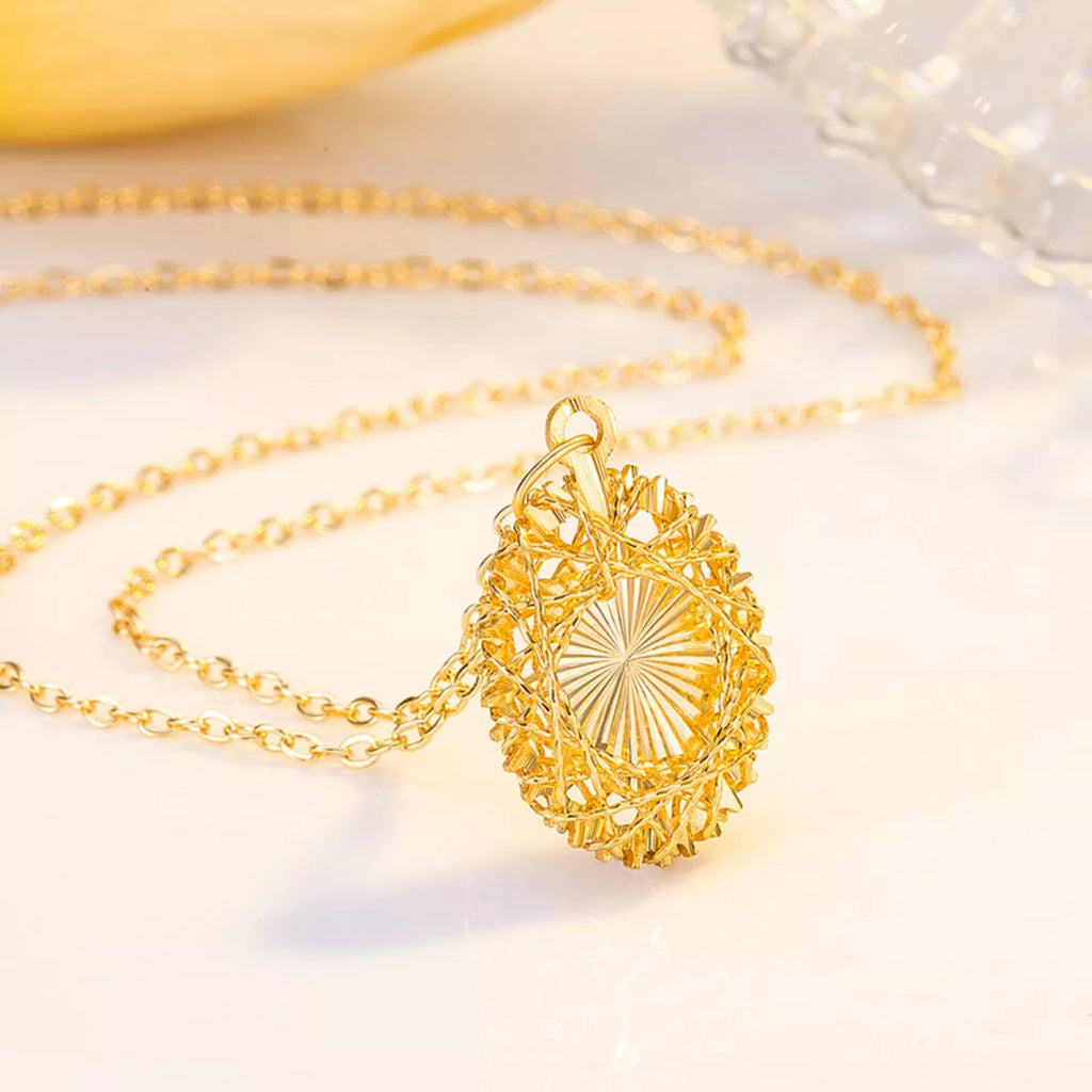 Gold 925 pendant necklace, round filigree charm with textured outer ring
