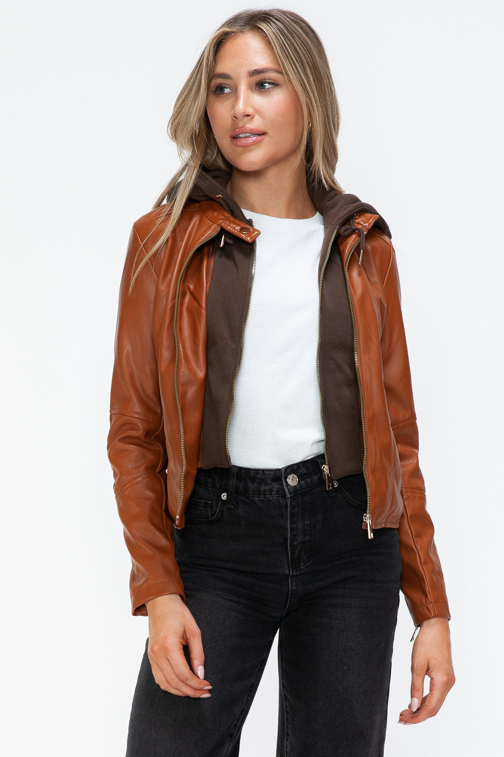 Faux Leather Zip Up Drawstring Hooded Jacket in Camel