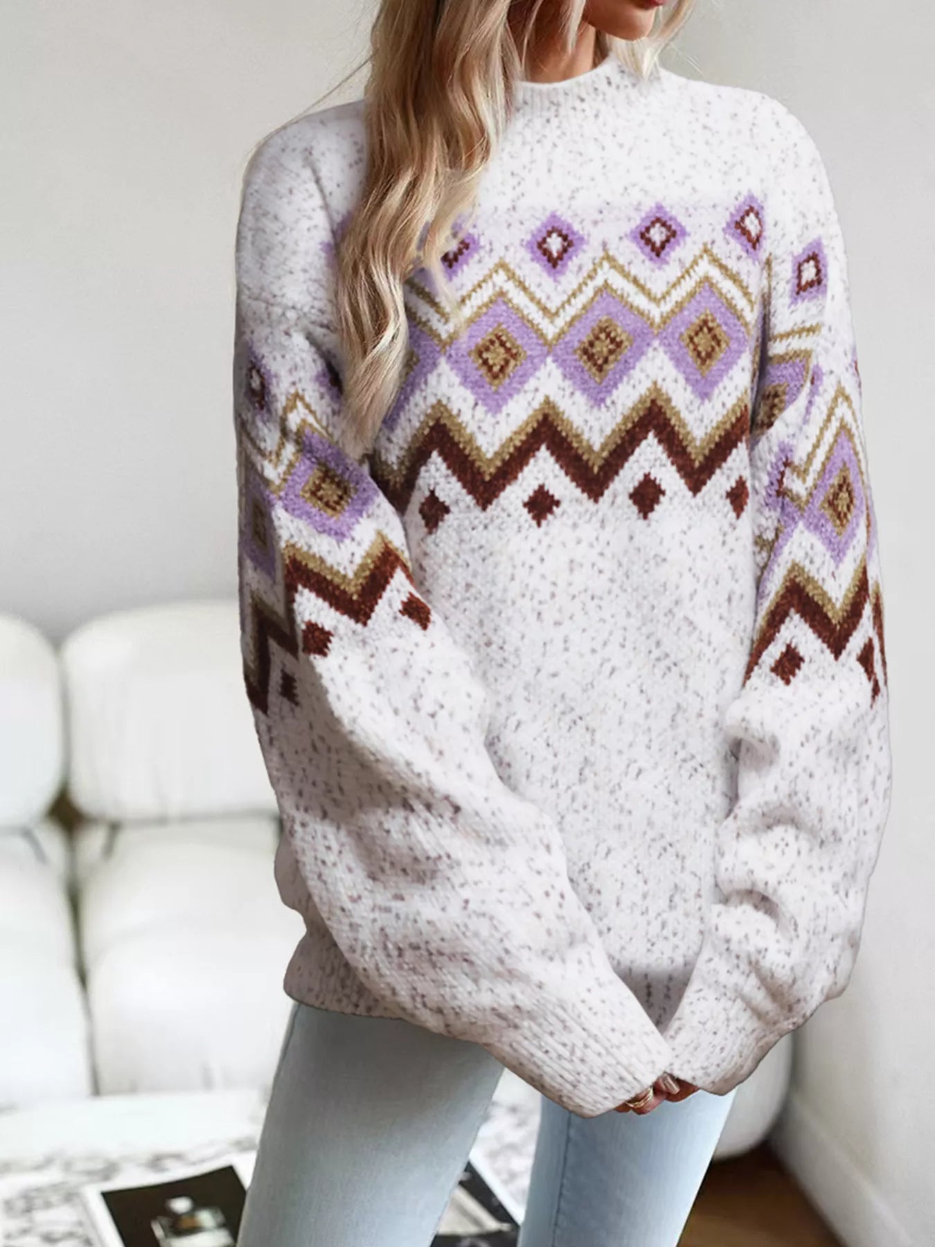 Geometric Pattern Mock Neck Sweater - Tigbul's Variety Fashion Shop