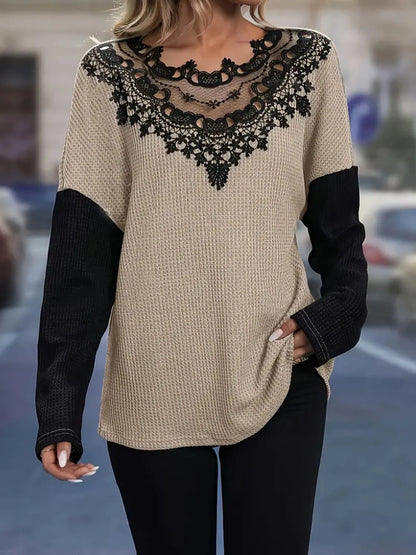 Contrast Lace Round Neck Long Sleeve T-Shirt - Tigbul's Variety Fashion Shop