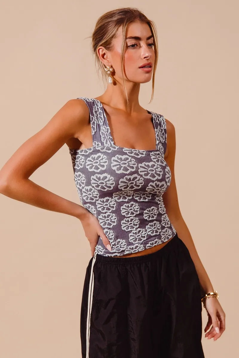 Charcoal Blue Two Tone Floral Seamless Tank Top - Tigbul's Variety Fashion Shop