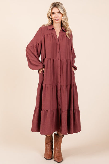 Mittoshop Tiered Button Down Long Sleeve Midi Dress - Tigbul's Variety Fashion Shop