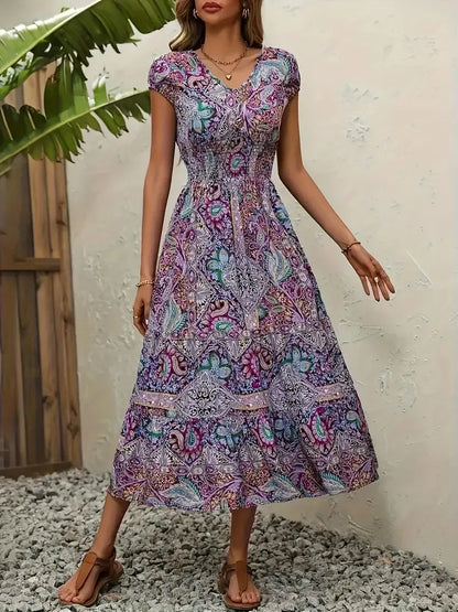 Plus Size Printed V-Neck Short Sleeve Midi Dress - Tigbul's Variety Fashion Shop