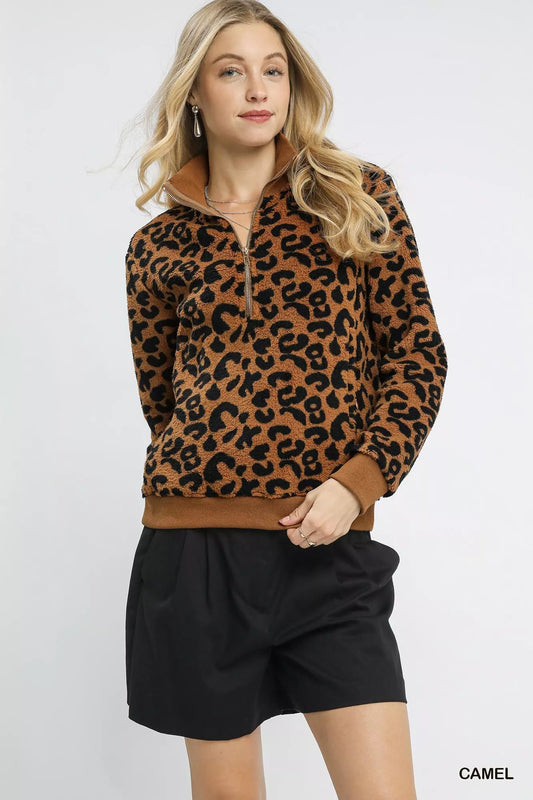 Umgee Leopard Print Quarter-Zip Sweatshirt - Tigbul's Variety Fashion Shop