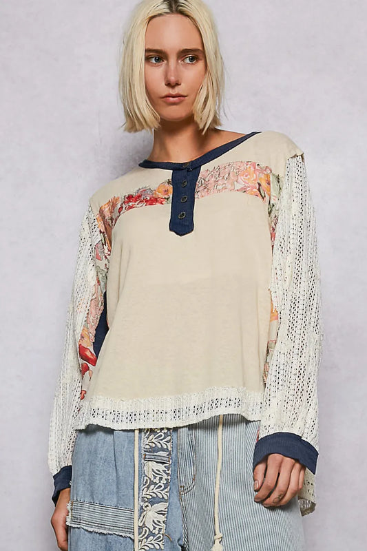 POL Button Detail Floral Patchwork Crochet Sleeve Blouse - Tigbul's Variety Fashion Shop