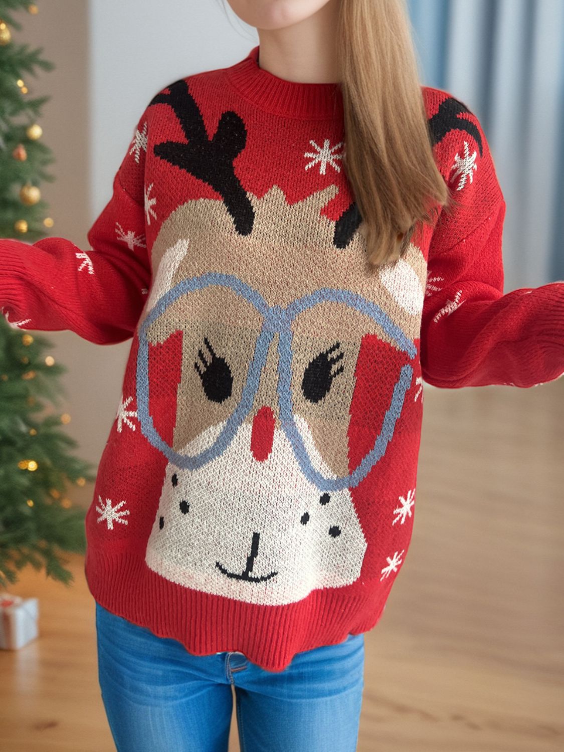 Reindeer Round Neck Dropped Shoulder Sweater - Tigbul's Variety Fashion Shop