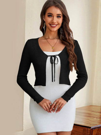 Tie-Front Long Sleeve Cardigan - Tigbul's Variety Fashion Shop