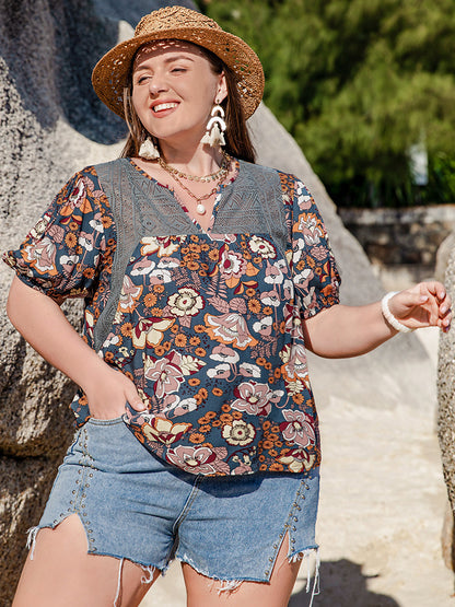 Plus Size Printed Notched Half Sleeve Blouse - Tigbul's Variety Fashion Shop